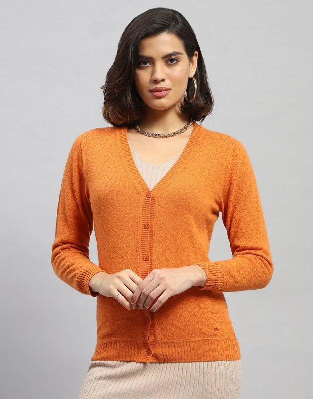 Versatile Wardrobe Essentials Women Orange Solid V Neck Full Sleeve Cardigan