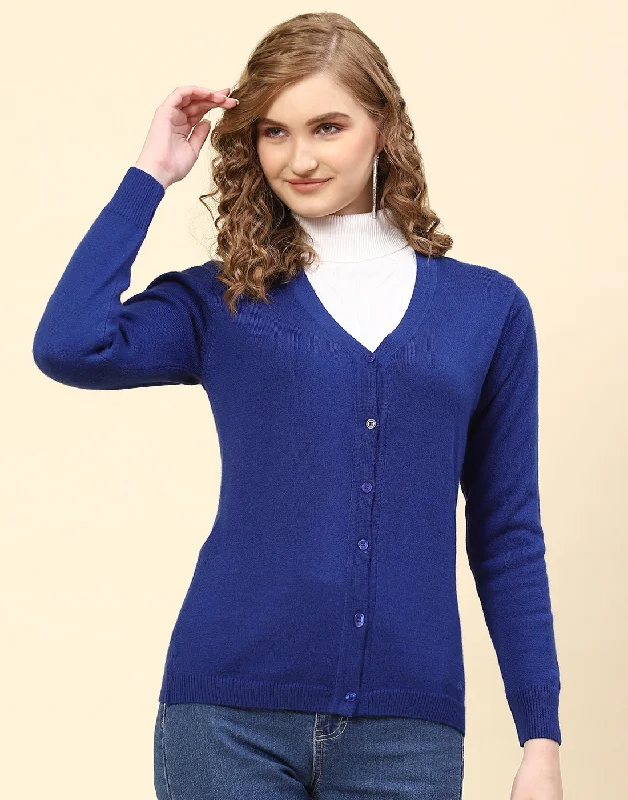 Limited Time Deal Women Blue Solid V Neck Full Sleeve Cardigan