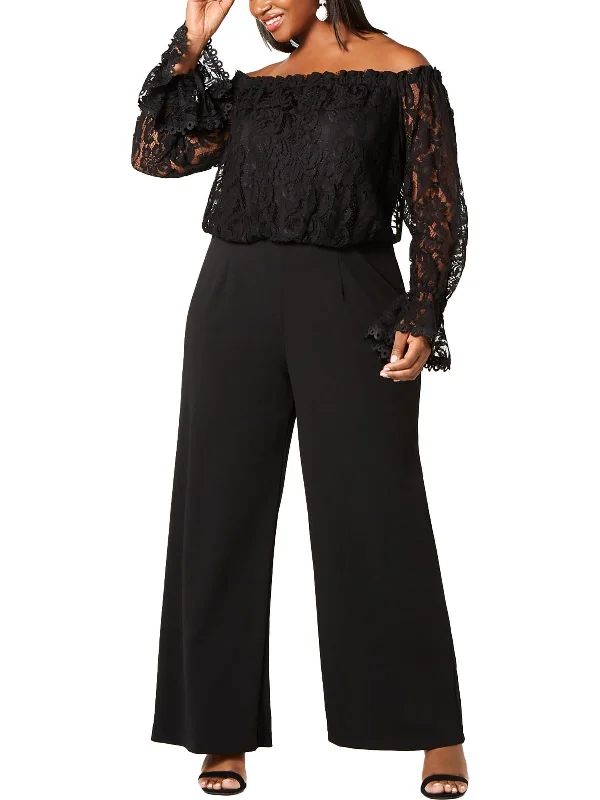 Charming Silhouette Plus Womens Lace Crepe Jumpsuit