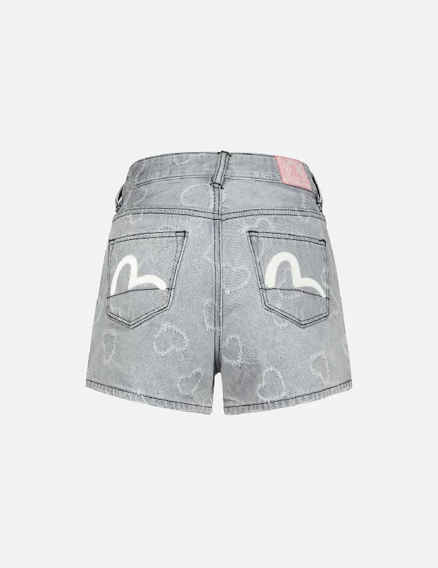 Flash Sale Fever Seagull Embroidery and Allover Heart Fashion fit Denim Shorts