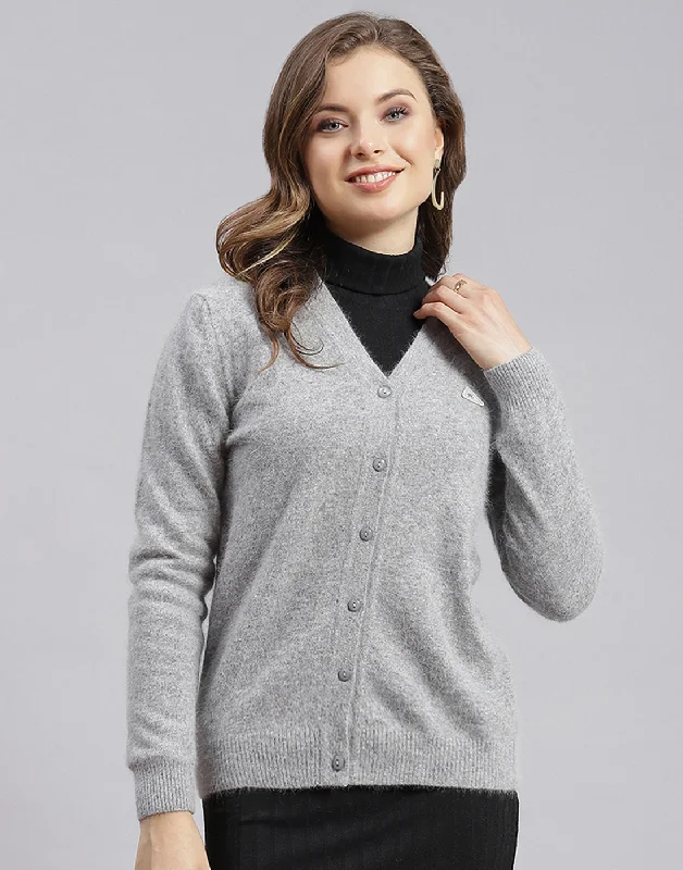 Limited Time Women Grey Solid V Neck Full Sleeve Cardigan