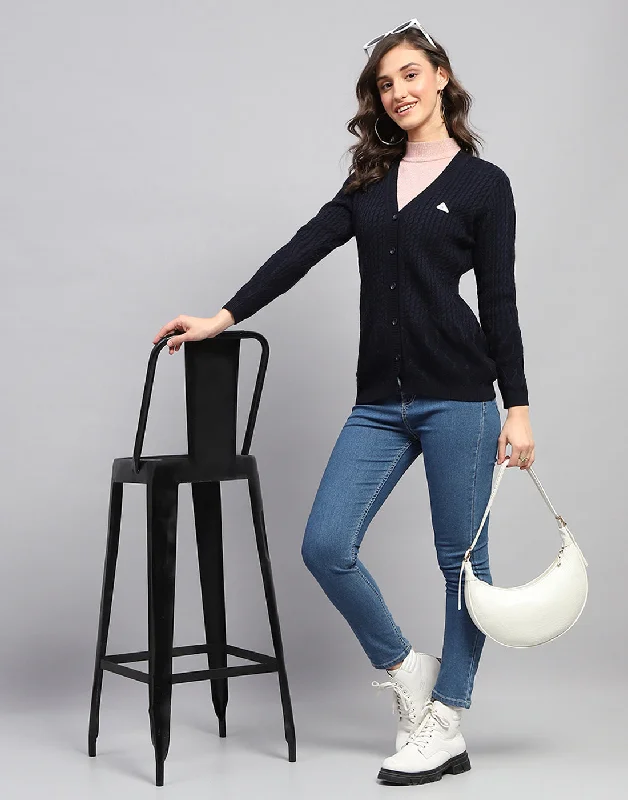 Luxury Comfort Women Navy Blue Self Design V Neck Full Sleeve Cardigan