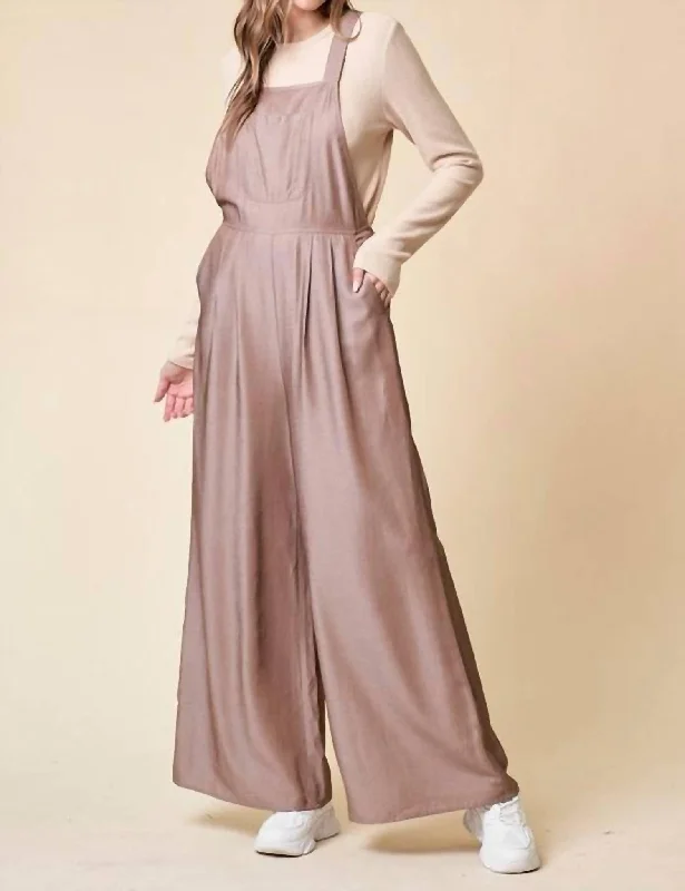 Budget Friendly Wide Leg Overall With Adjustable Straps And Pockets In Beige