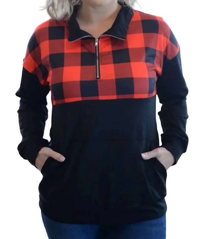 Last Chance Sale Buffalo Plaid Zip Up Pullover In Red/black