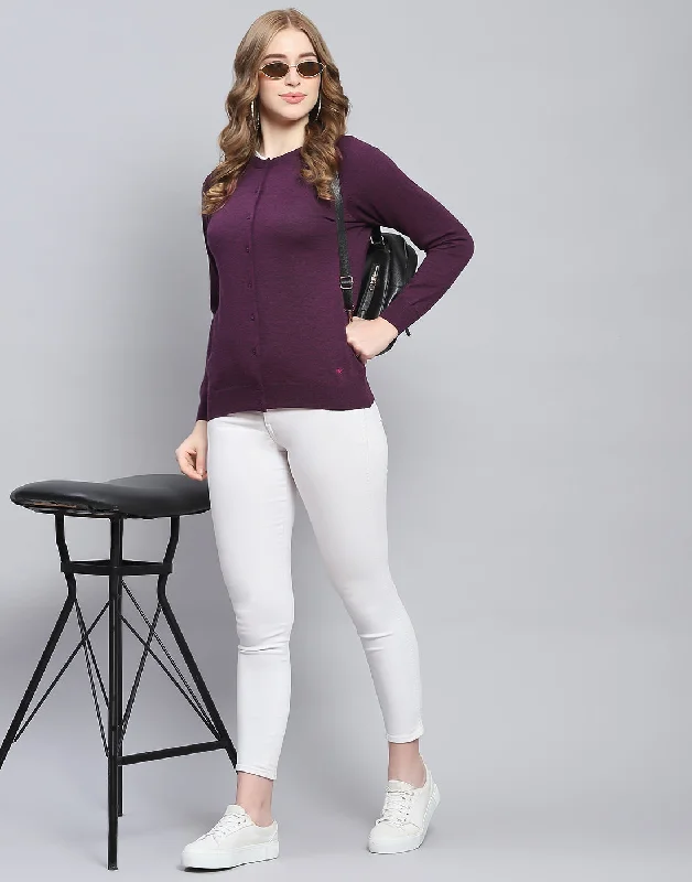 End Of Season Sale Women Maroon Solid Round Neck Full Sleeve Cardigan