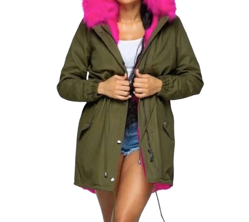 Style Upgrade Hooded Coat With Hot Pink Fur In Olive