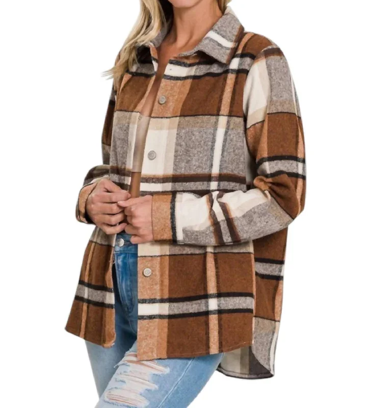 Eco Friendly Fashion Sale Yarn Dyed Plaid Shacket In Brown