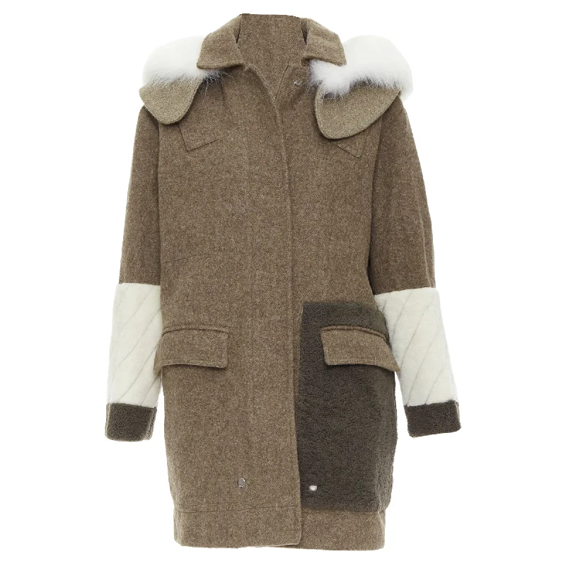 Latest Trends Fendi colorblocked brown wool patchwork fur hooded parka coat