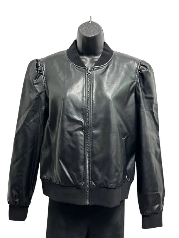 Elegant Simplicity Wardrobe Women's Zip Up Faux Leather Bomber Jacket In Black