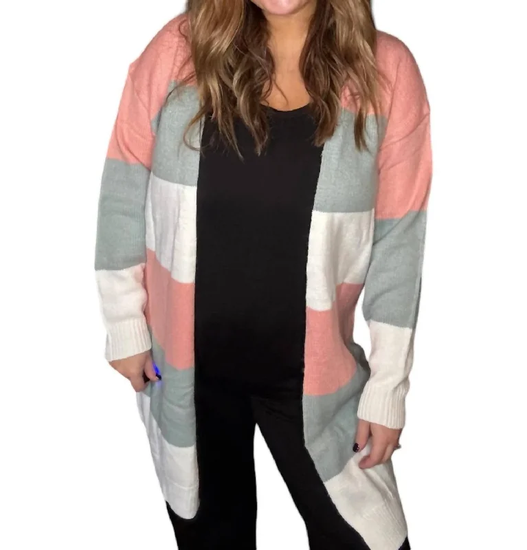 Trendy Fashion For Women Colorblock Stripe Open-Front Cardigan In Green Multi