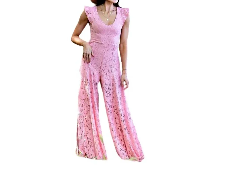 Limited Time Offer Rose Lace Wide Leg Jumpsuit In Blush