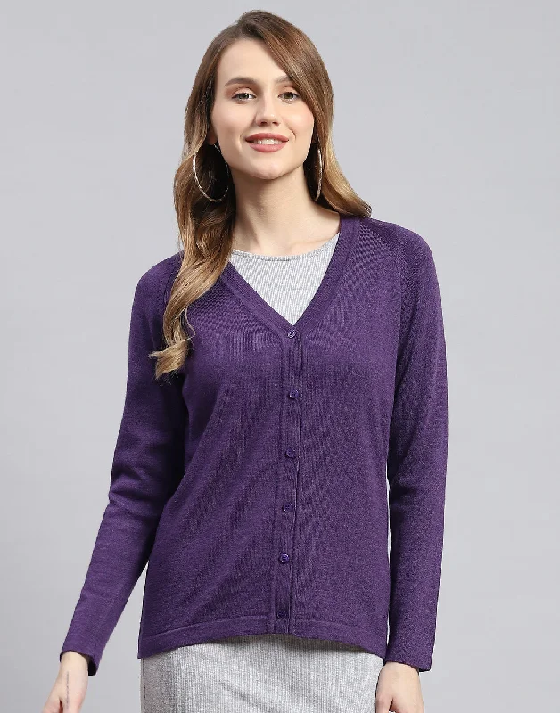 Limited Quantities Women Purple Solid V Neck Full Sleeve Cardigans