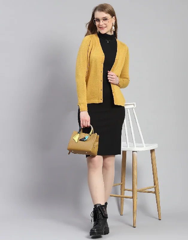 Glamorous Evening Wear Women Mustard Solid V Neck Full Sleeve Cardigan