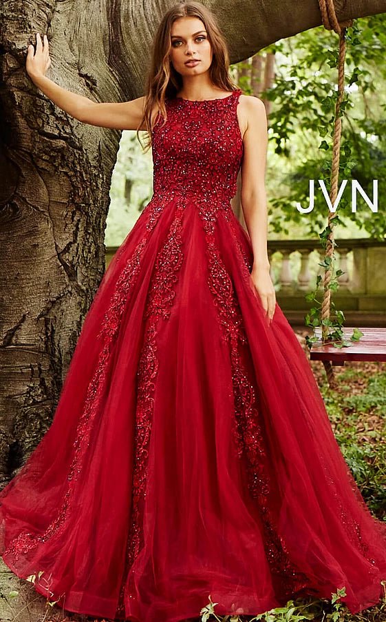 Shop Sale Items JVN59046 Burgundy Embellished Sleeveless Tulle Prom Ballgown