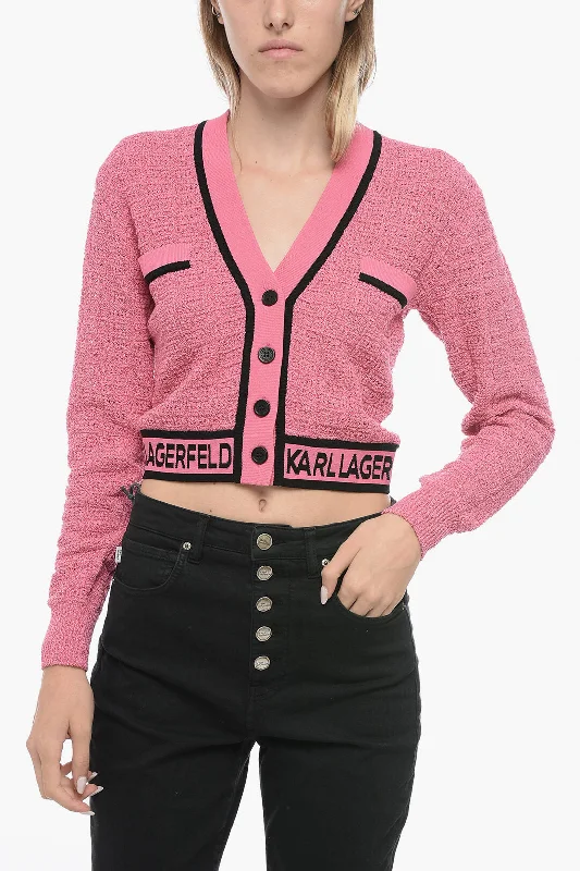 Fashion For Every Occasion Karl Lagerfeld Bouclè Fabric Cropped Cardigan with Logoed Band