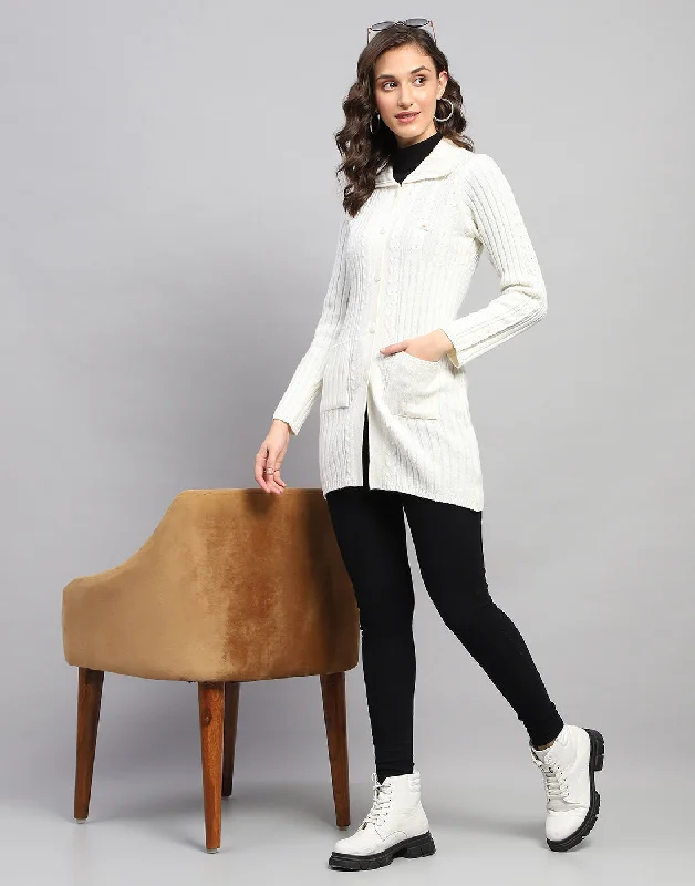 Fashion Essentials Women White Self Design Collar Full Sleeve Cardigan