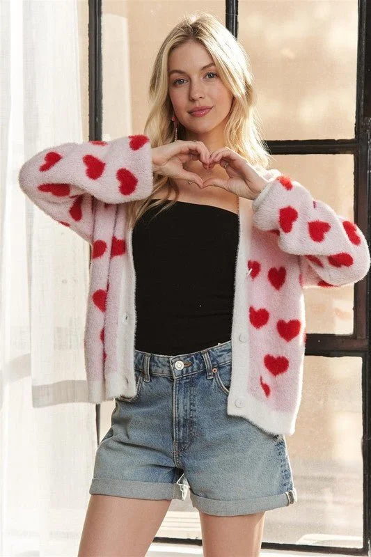 Exclusive Sale Fuzzy Heart Button Down Cardigan