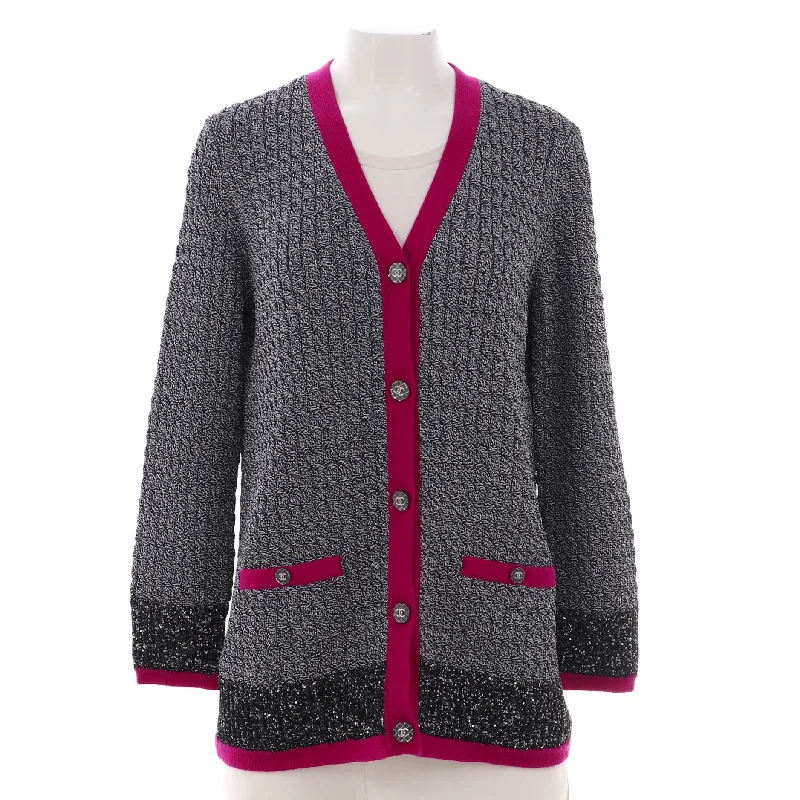 Spring Fashion Women's Metallic Checked Colorblock V-Neck Cardigan Viscose Blend with Cashmere