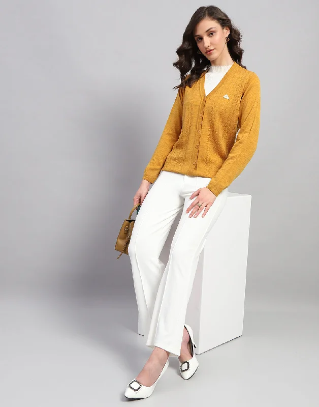 Season Sale Women Mustard Self Design V Neck Full Sleeve Cardigan