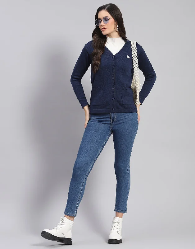 Colorful Clothing Women Navy Blue Solid V Neck Full Sleeve Cardigan