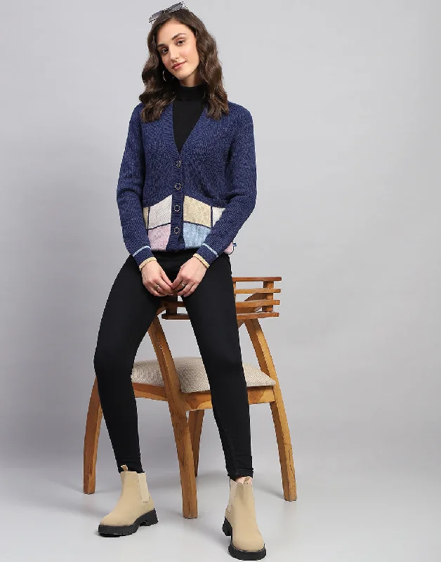 Limited Styles Women Navy Blue Self Design V Neck Full Sleeve Cardigan