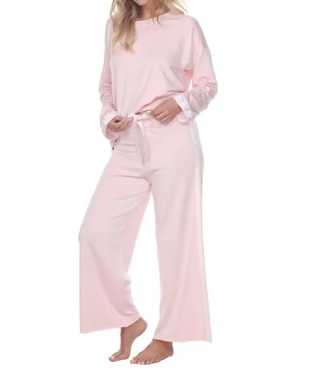 Your Timeless Wardrobe Awaits Kimber Crop French Terry Wide Leg Crop Pant With Satin Stripes In Blush