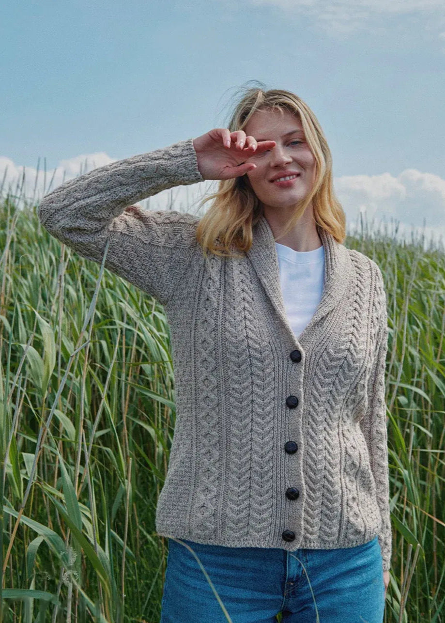 Fashion Forward Femininity Shawl Collar Aran Cardigan | Oatmeal