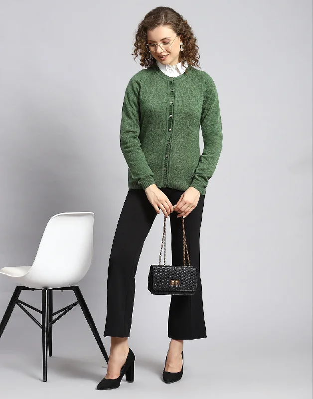 Snag Fabulous Fashion Bargains Women Green Solid Round Neck Full Sleeve Cardigan