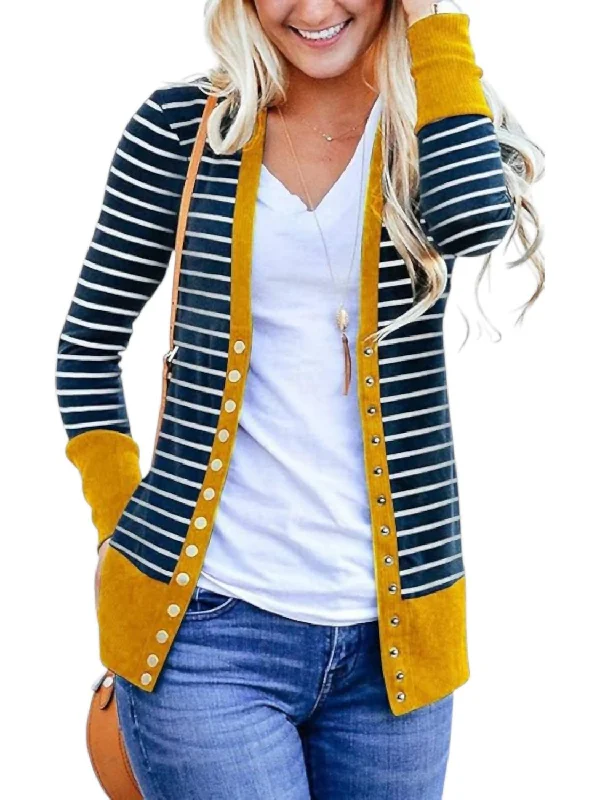 Holiday Sale Striped Snap Cardigan In Navy/mustard