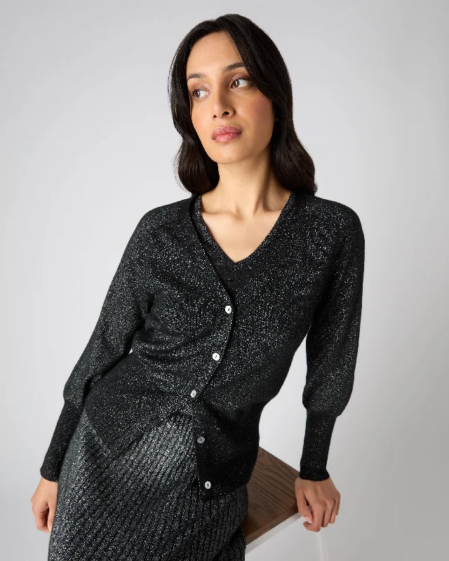 Rustic Countryside Charm Look Women's V Necked Cashmere Cardigan With Lurex Black Sparkle