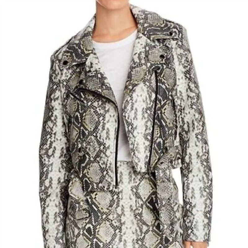 Trendy Aesthetics Snake Print Faux Leather Moto Jacket In Gray/black