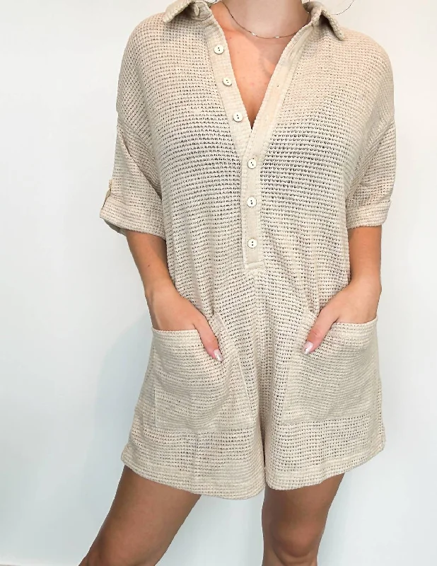 Forward Trendsetter Waffle Button Down Romper In Beige