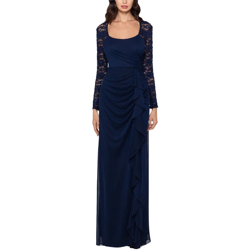 Feminine Elegance Xscape Womens Lace-Sleeve Side-Ruching Gown Dress