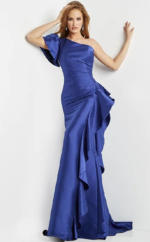 You'Ll Love Us Because Jovani 09201 Indigo One Shoulder Short Sleeve Evening Gown