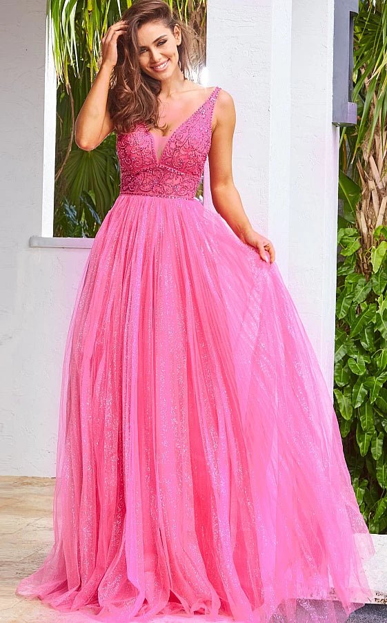 New Season Fashion Preview Sale JVN05818 Fuchsia Tulle Skirt Sleeveless Prom Gown