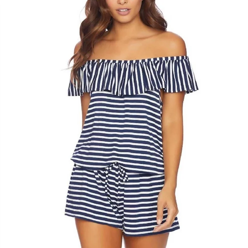 Chic Wardrobe Essentials Striped Covers Romper In Navy