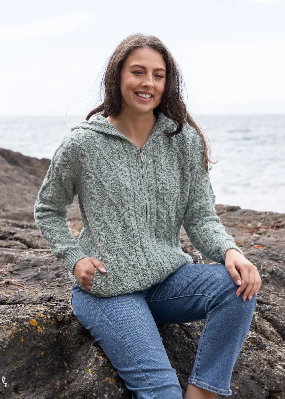 Trend Forward Threads For Her IrelandsEye Women's Aran Hooded Cardigan | Sage Marl