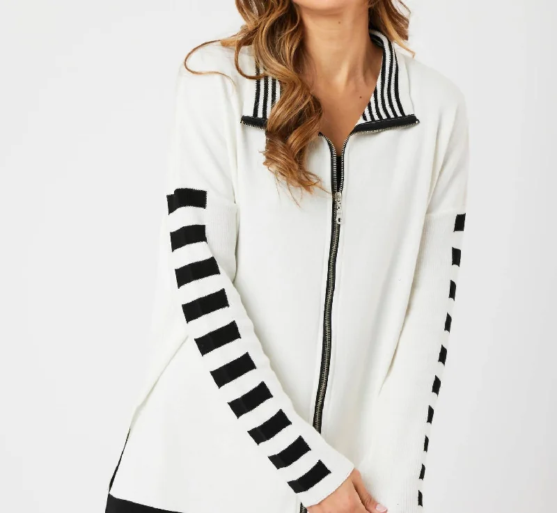 Limited Stock, Big Sale Stripe Sleeve Zip Jacket In Ivory/black