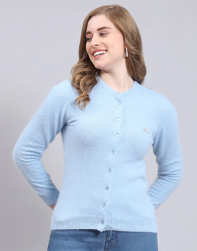 Season Transition Versatile Wear Clearance Women Blue Solid Round Neck Full Sleeve Cardigan