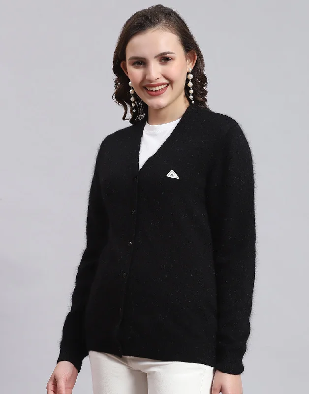 Hot Trends Women Black Solid V Neck Full Sleeve Cardigan