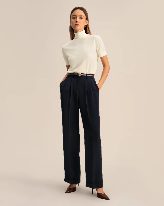 Trend Forward Threads Timeless Pleated Wide-Leg Dense Silk Trousers