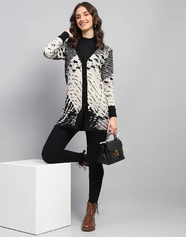 Wardrobe Essentials Women Black Self Design V Neck Full Sleeve Cardigan