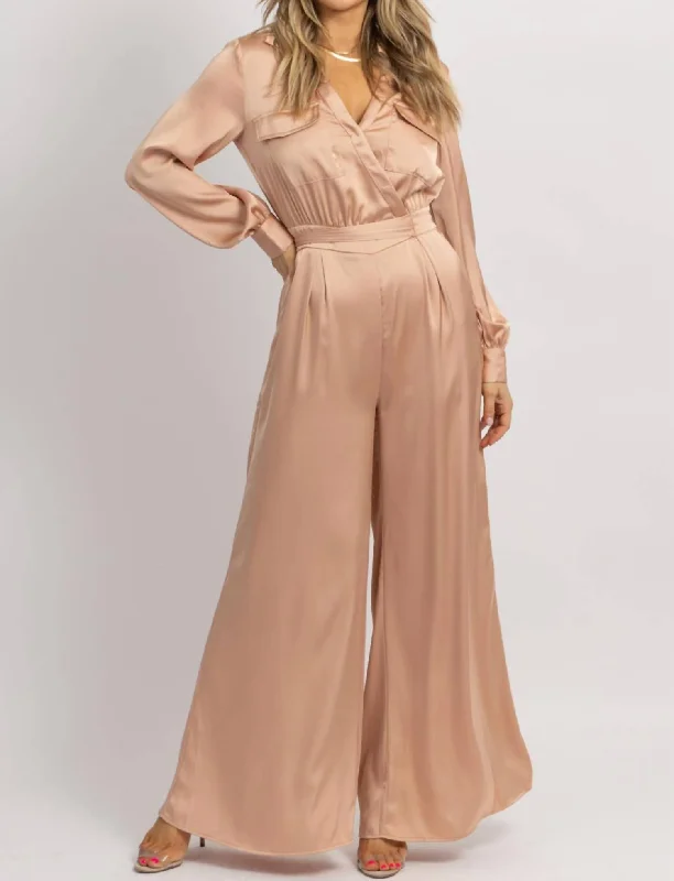 Latest Trends Satin Longsleeve Wide Leg Jumpsuit In Nude