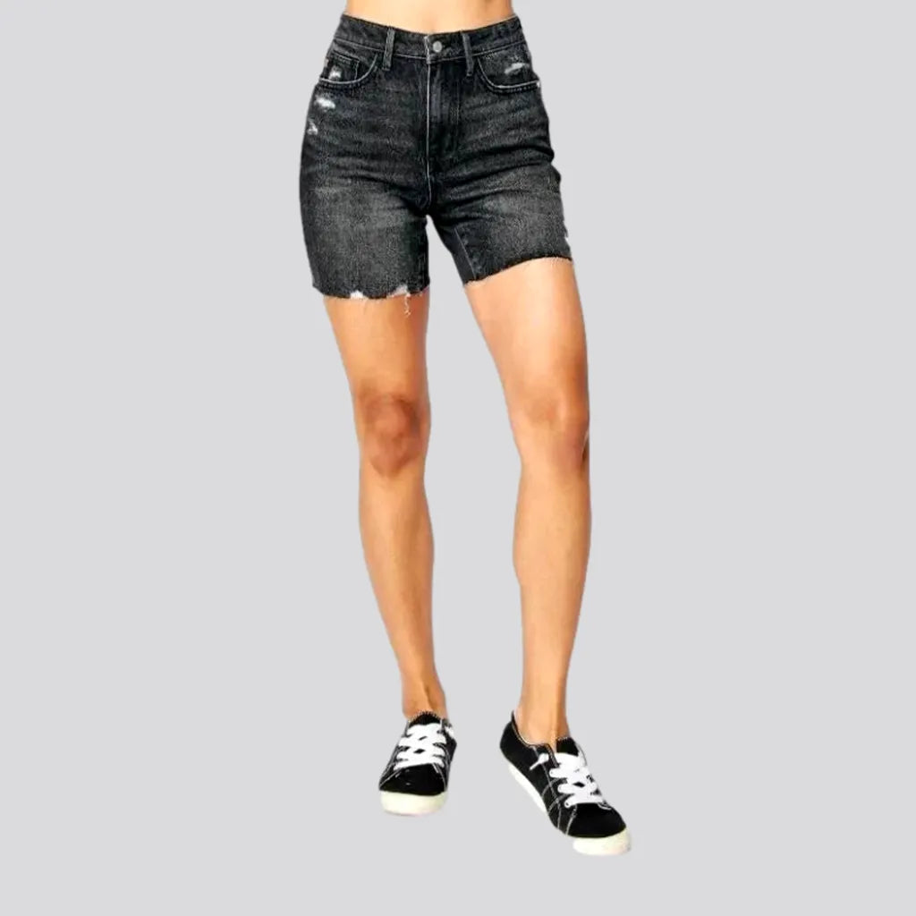 Discover Now Distressed whiskered denim shorts for ladies