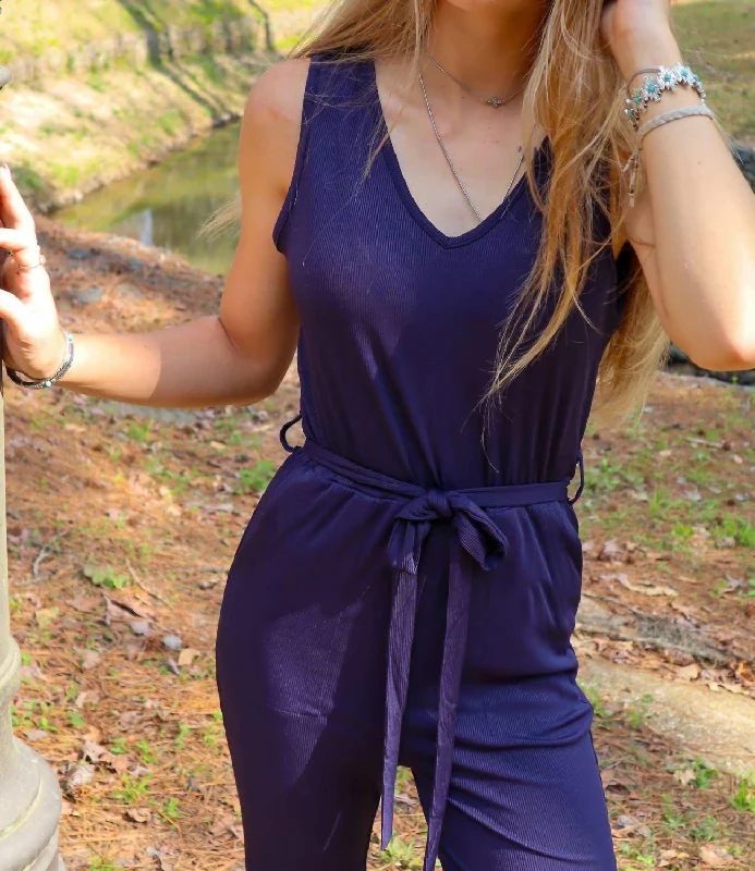 End Of Season Sale Jewel Flare Leg Ribbed Jumpsuit In Navy