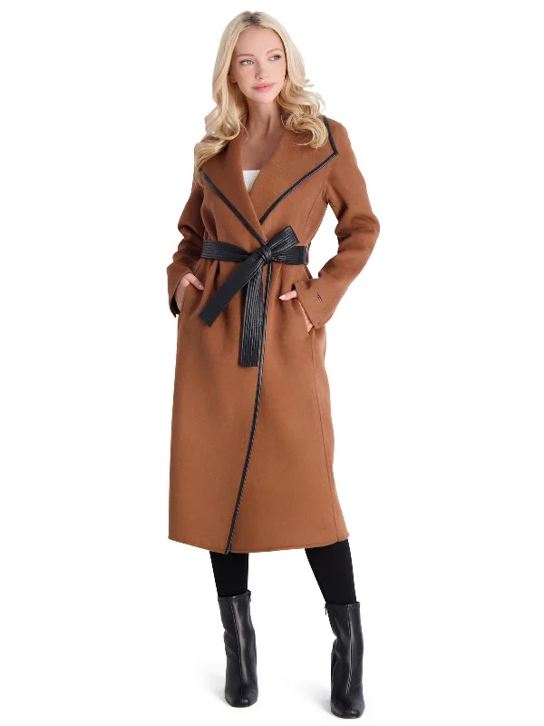 Unleash Your Trendy Side Juliette Womens Wool Blend Faux Leather Trim Wool Coat