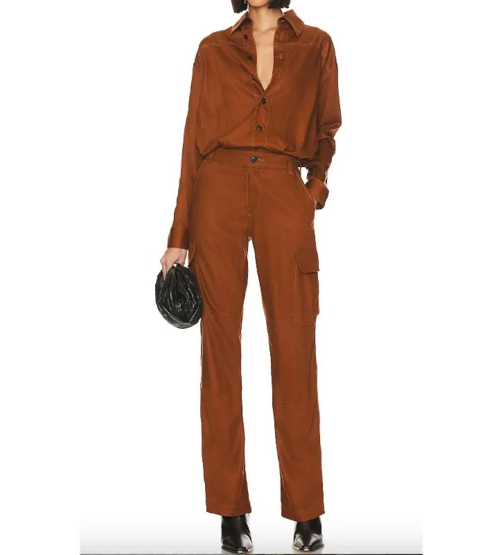 Sporty Streetwear Cargo Jumpsuit In Cognac