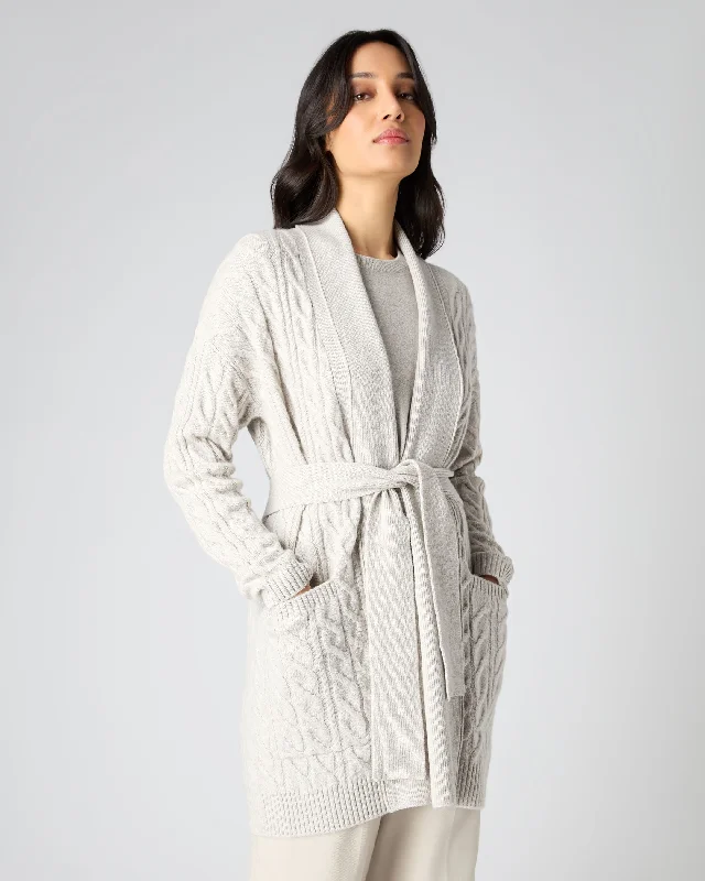 Elevate Your Wardrobe Women's Cable Belted Cashmere Cardigan Pebble Grey