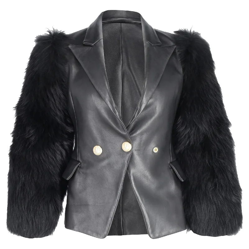 Big Discounts Balmain Single Breasted Fur Sleeve Blazer in Black Leather