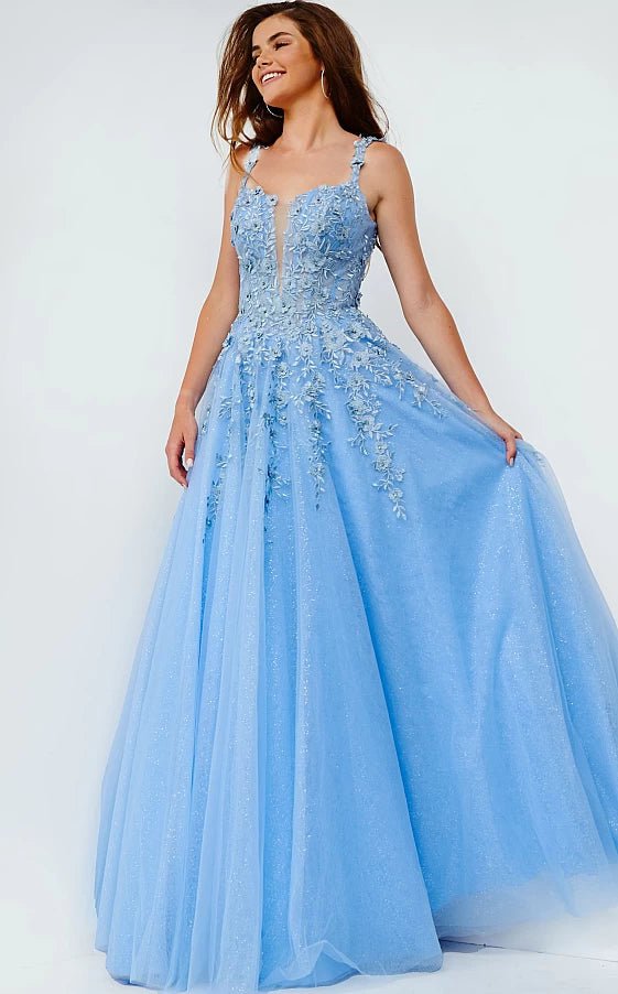 Summer Fashion JVN4271 Sky Blue Illusion V Neck Prom Ballgown